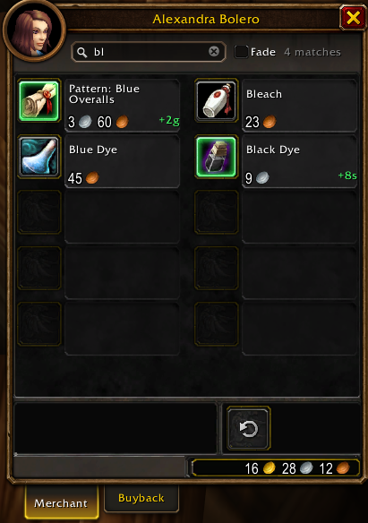 A vendor window filtered by the search “bl”: four matching items, with profit labels from Profit Sort's flip finder.